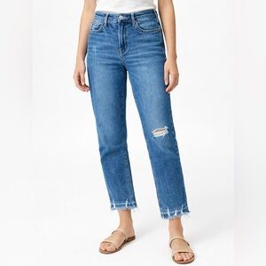 Dear John Medium Blue Straight Leg Jeans with Distressed Hem